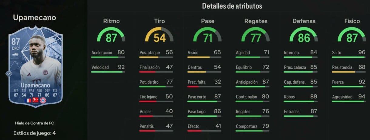 Stats in game Upamecano FC Versus de Hielo EA Sports FC 24 Ultimate Team