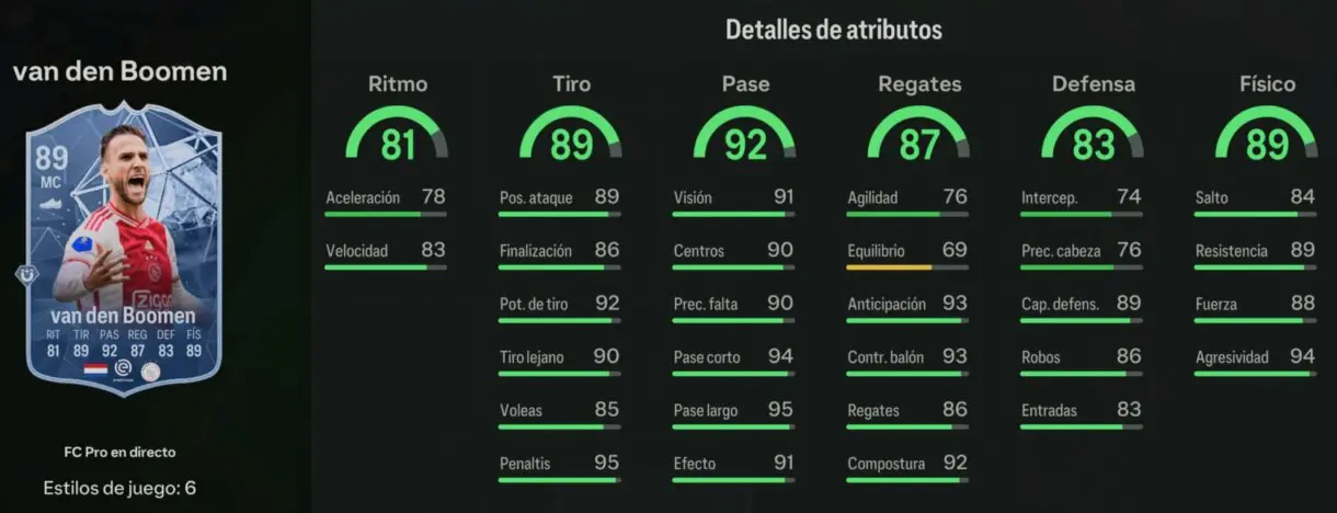 Stats in game van den Boomen FC Pro Live 89 EA Sports FC 24 Ultimate Team