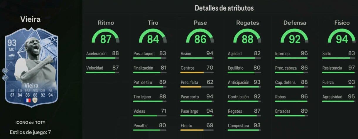 Stats in game Vieira Icono del TOTY EA Sports FC 24 Ultimate Team