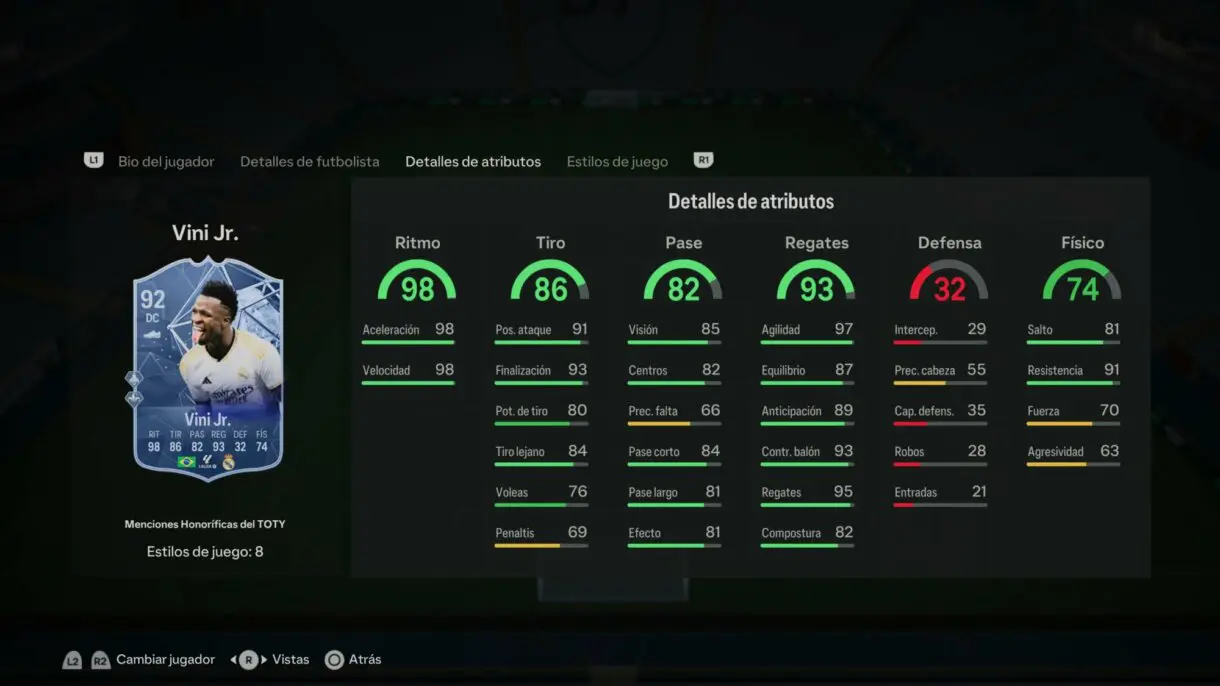 Stats in game Vinícius Menciones Honoríficas EA Sports FC 24 Ultimate Team
