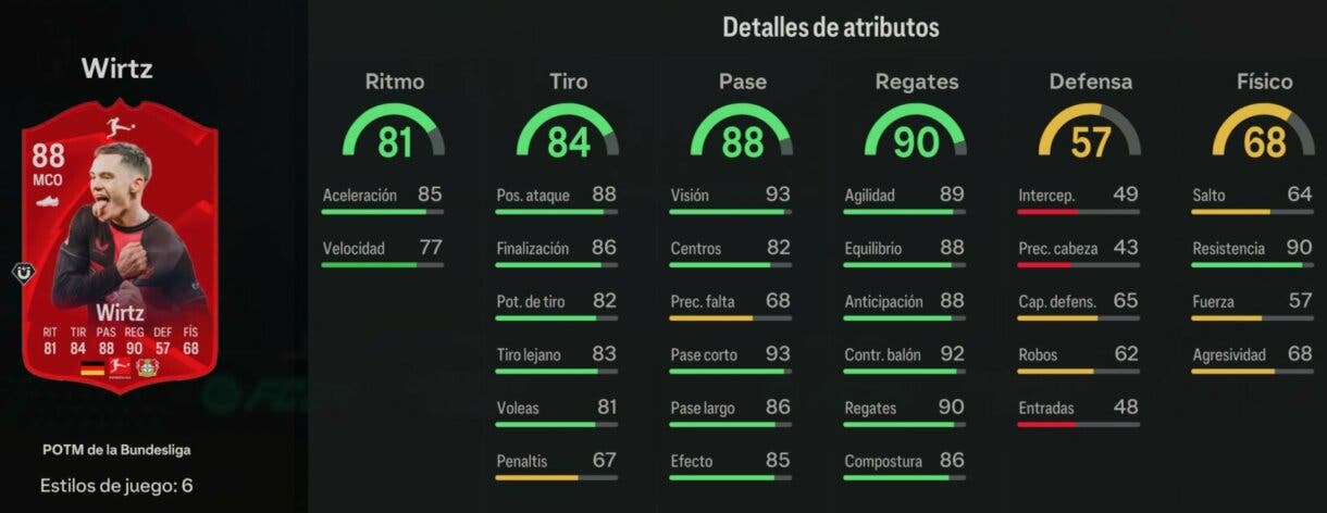 Stats in game Wirtz POTM de la Bundesliga EA Sports FC 24 Ultimate Team