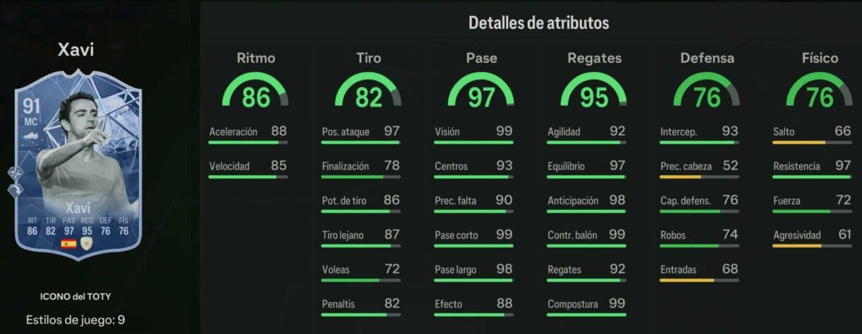 Stats in game Xavi Icono del TOTY EA Sports FC 24 Ultimate Team