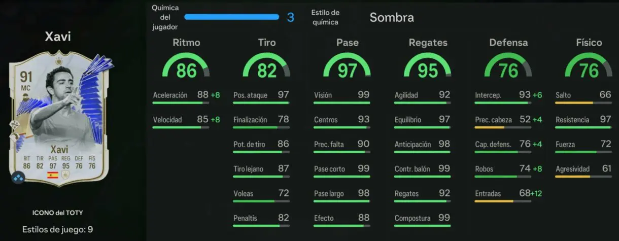 Stats in game Xavi Icono del TOTY EA Sports FC 24 Ultimate Team
