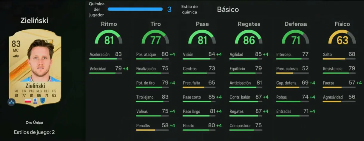 Stats in game Zielinski oro EA Sports FC 24 Ultimate Team