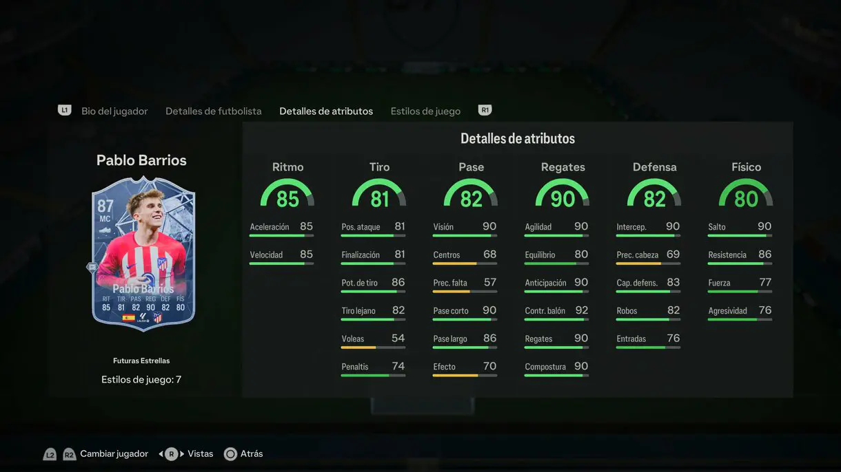 Stats in game Pablo Barrios Futuras Estrellas EA Sports FC 24 Ultimate Team
