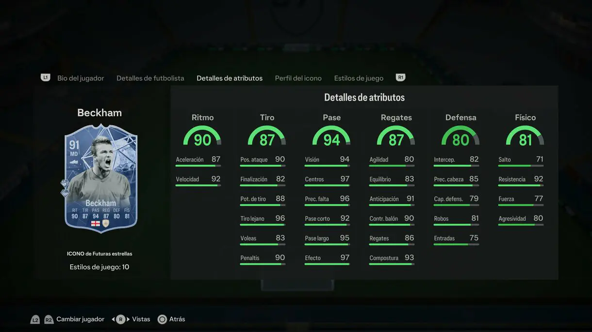 Stats in game Beckham Icono de Futuras estrellas EA Sports FC 24 Ultimate Team