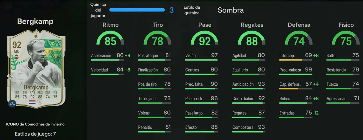 Stats in game Bergkamp Icono Winter Wildcards EA Sports FC 24 Ultimate Team