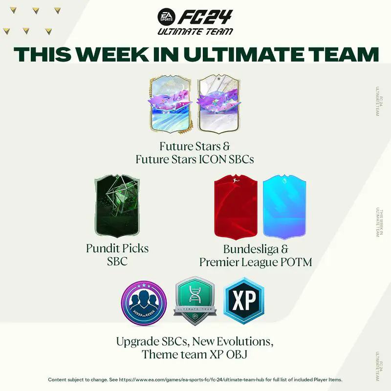 Diseño sobre algunos de los contenidos que estarán disponibles esta semana (12 de febrero a 19) en EA Sports FC 24 Ultimate Team