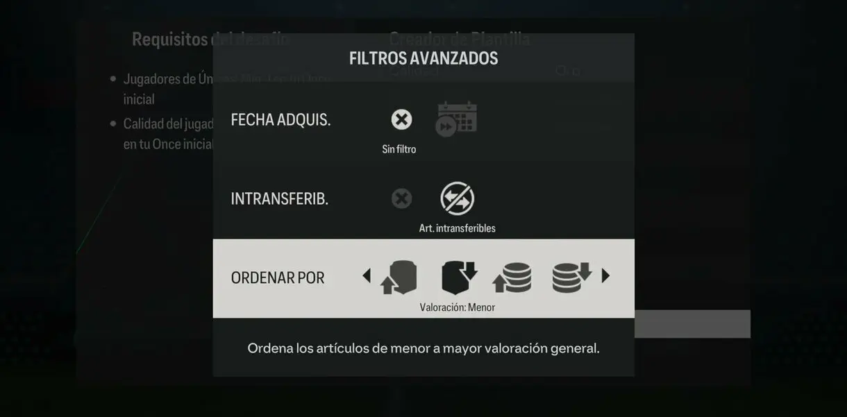 Filtros avanzados en el creador de plantillas de SBC de EA Sports FC 24 Ultimate Team