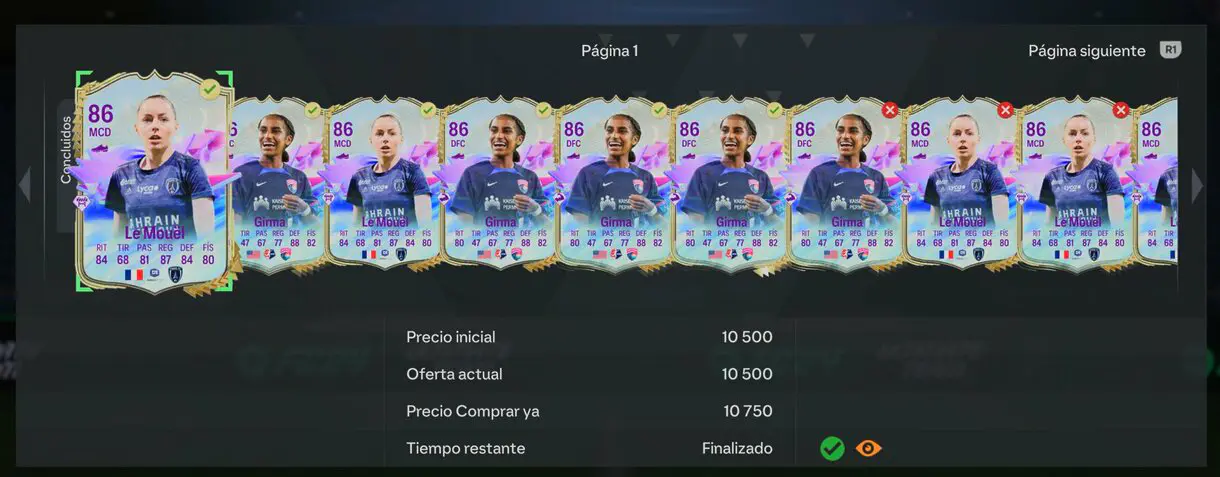 Objetivos de mercado mostrando muchas cartas de Le MoÜel y Girma Future Stars compradas EA Sports FC 24 Ultimate Team