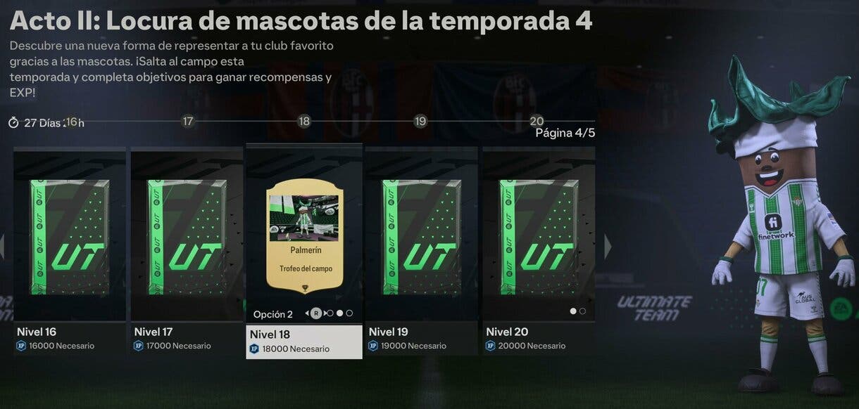 Nivel 18 pase de temporada Locura de mascotas mostrando a la mascota del Real Betis EA Sports FC 24 Ultimate Team