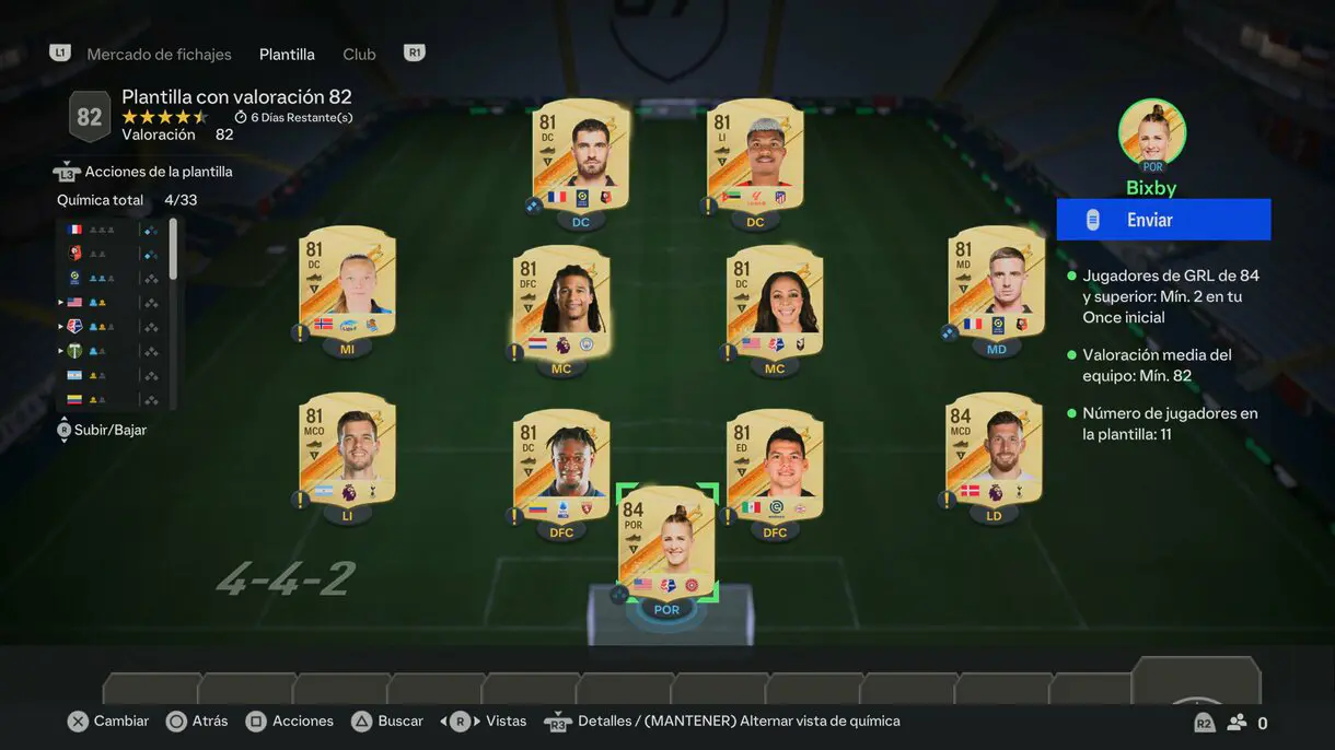 Ejemplo plantilla completada de 82 del SBC doble Mejora 85+ EA Sports FC 24 Ultimate Team