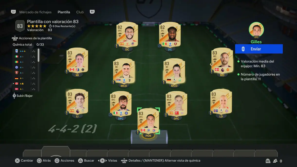 Ejemplo plantilla completada de 83 del SBC doble Mejora 85+ EA Sports FC 24 Ultimate Team