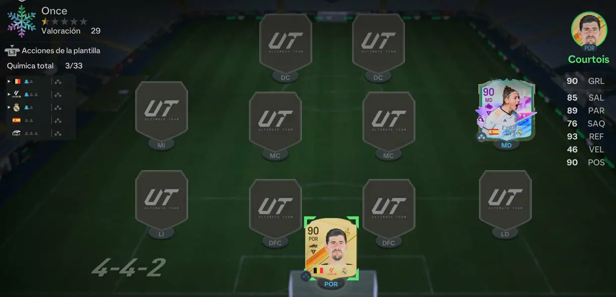 Once de EA Sports FC 24 Ultimate Team vacío con las cartas de Courtois oro y Athenea Evo de Futuras estrellas