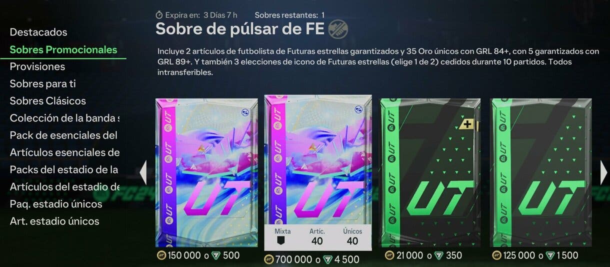 Apartado Sobres Promocionales EA Sports FC 24 Ultimate Team mostrando el pack Sobre de púlsar de FE