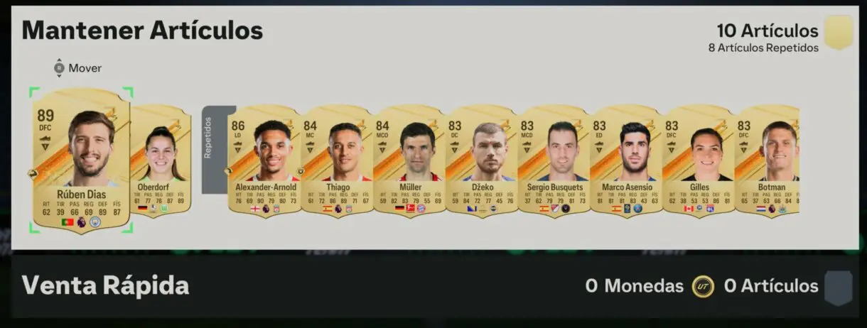 Cartas oro sin asignar tras abrir sobres de Rúben Dias, Oberdorf, Alexander-Arnold, Thiago, Müller, Dzeko, Busquets, Asensio, Gilles y Botman EA Sports FC 24 Ultimate Team