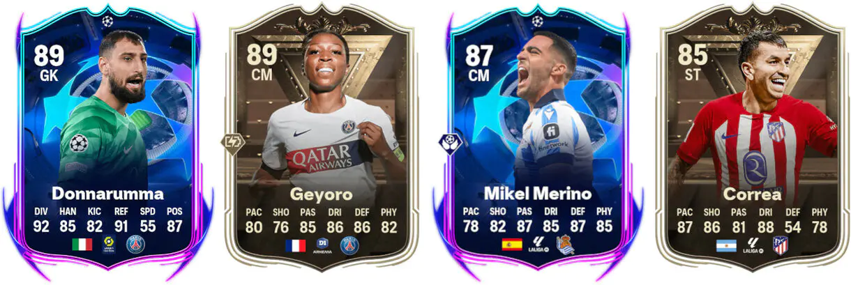 Cartas Donnarumma y Merino RTTF, Geyoro y Correa Centuriones de EA Sports FC 24 Ultimate Team