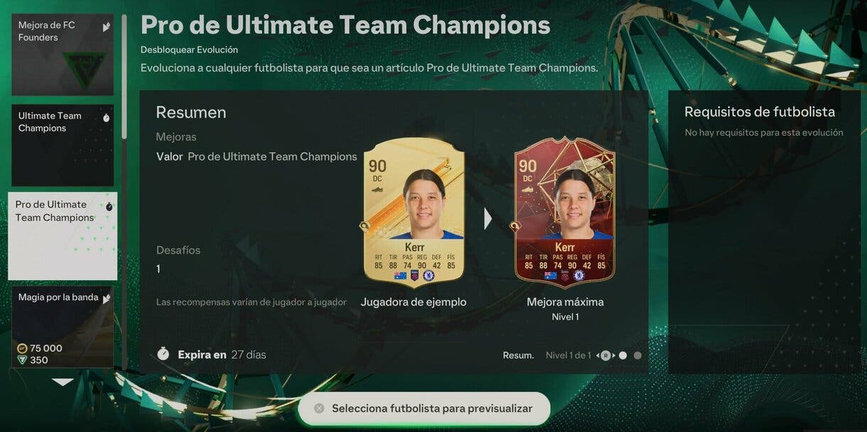 Información general de la Evolución Pro de Ultimate Team Champions desde el menú EA Sports FC 24 Ultimate Team