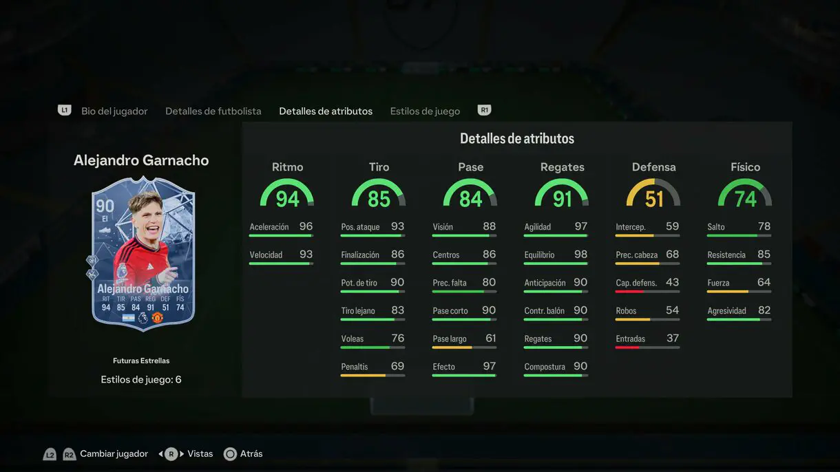 Stats in game Garnacho Futuras Estrellas EA Sports FC 24 Ultimate Team