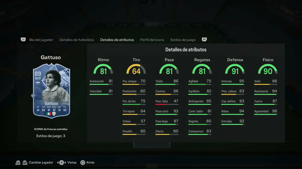 Stats in game Gattuso Icono de Futuras estrellas EA Sports FC 24 Ultimate Team