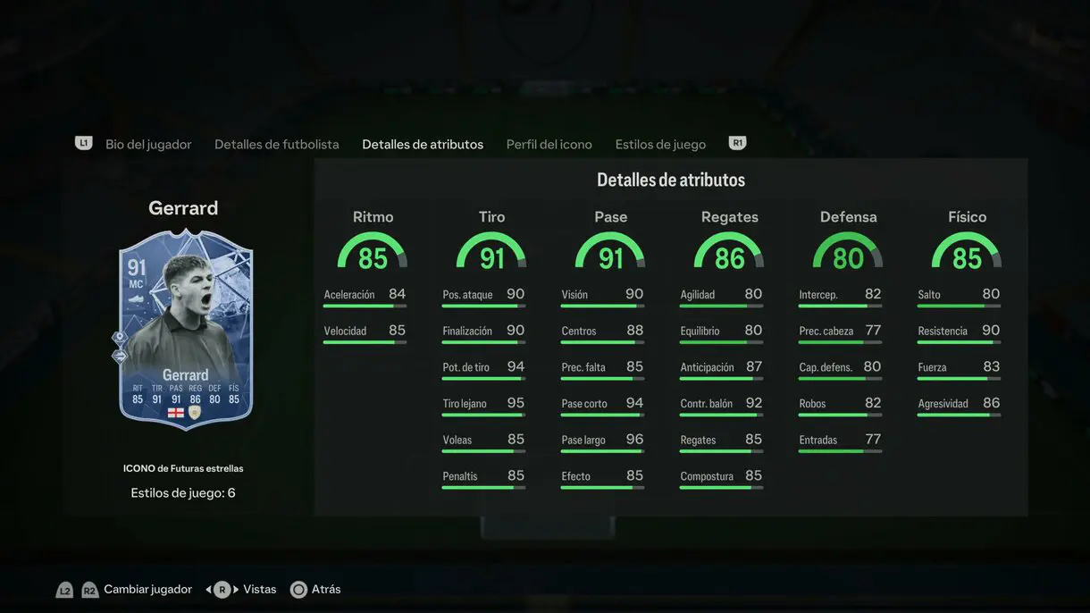 Stats in game Gerrard Icono Futuras Estrellas EA Sports FC 24 Ultimate Team