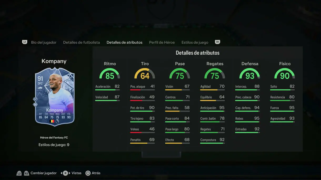 Stats in game Kompany Héroe del Fantasy FC EA Sports FC 24 Ultimate Team