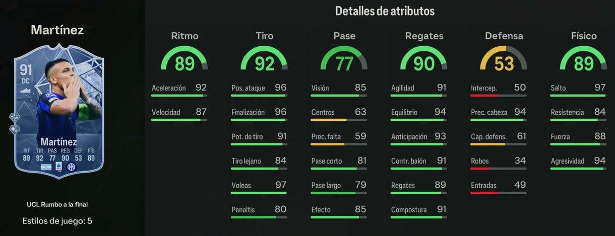 Stats in game Lautaro Martínez RTTF 91 EA Sports FC 24 Ultimate Team