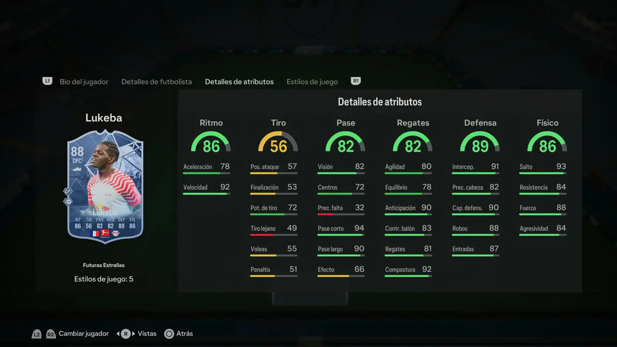 Stats in game Lukeba Futuras Estrellas EA Sports FC 24 Ultimate Team