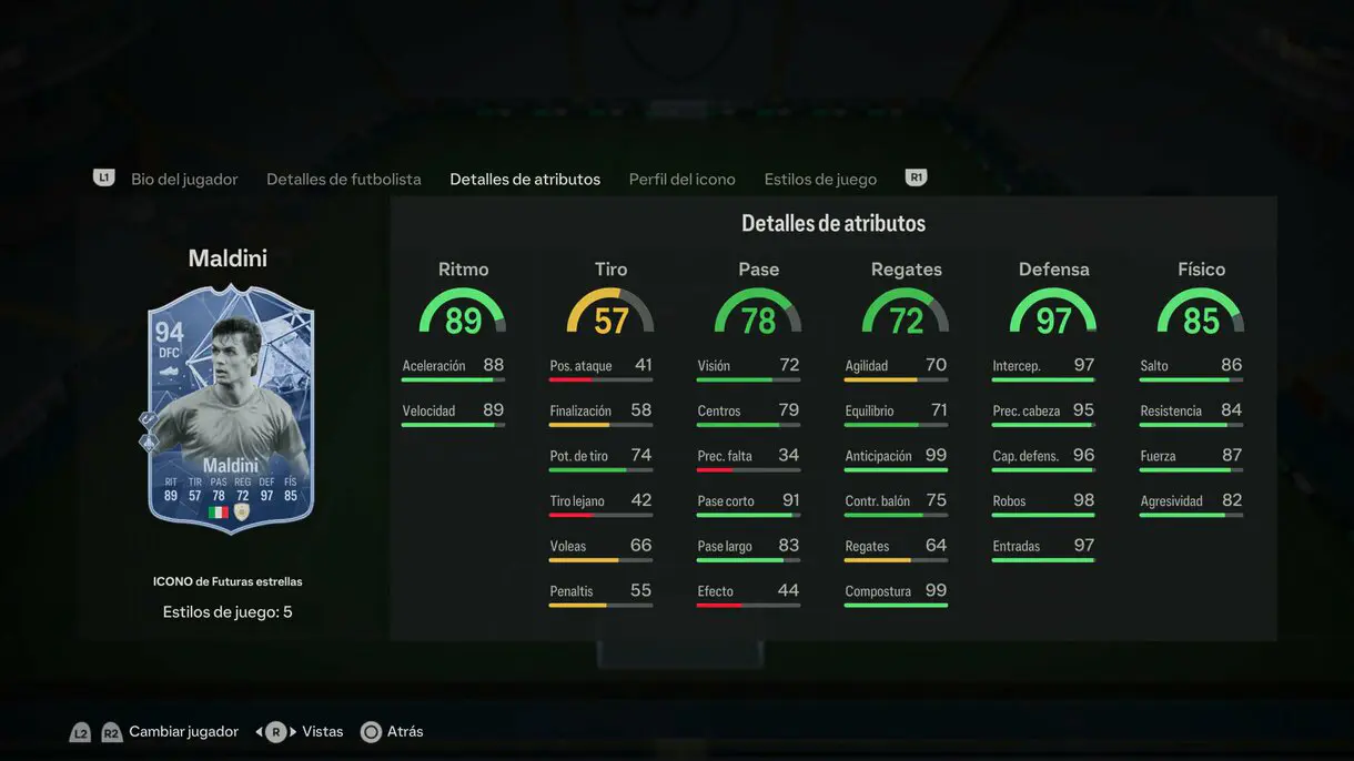 Stats in game Maldini Icono Futuras Estrellas EA Sports FC 24 Ultimate Team