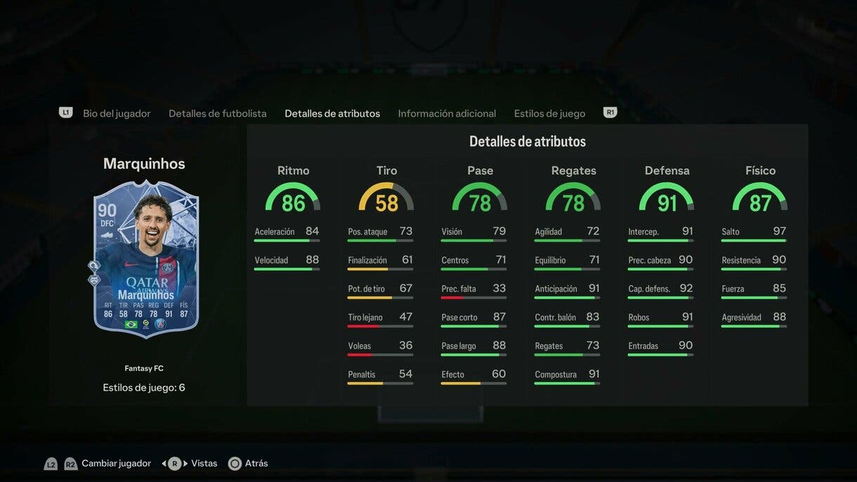 Stats in game Marquinhos Fantasy FC EA Sports FC 24 Ultimate Team