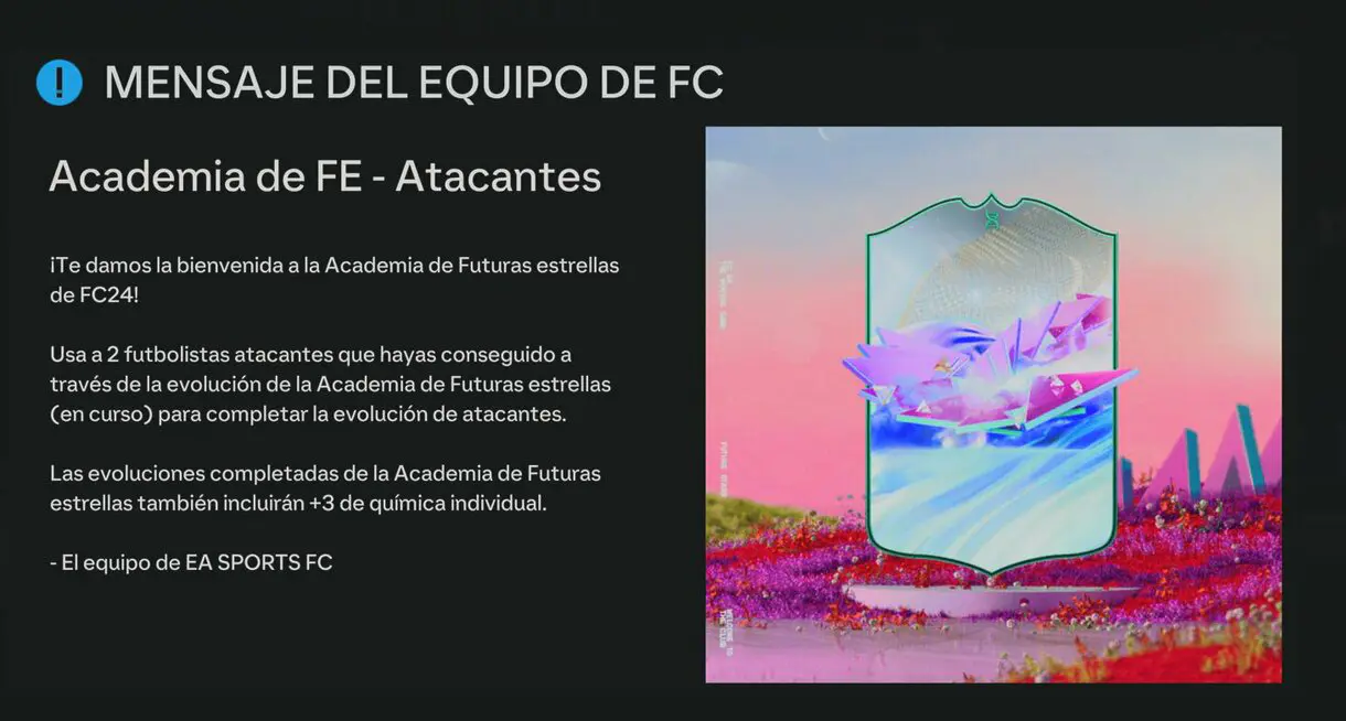Mensaje informando sobre la ventaja de la química individual de las Evoluciones de Academia de FE EA Sports FC 24 Ultimate Team