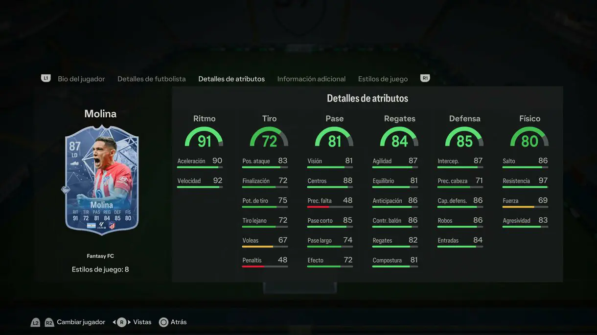 Stats in game Molina Fantasy FC EA Sports FC 24 Ultimate Team