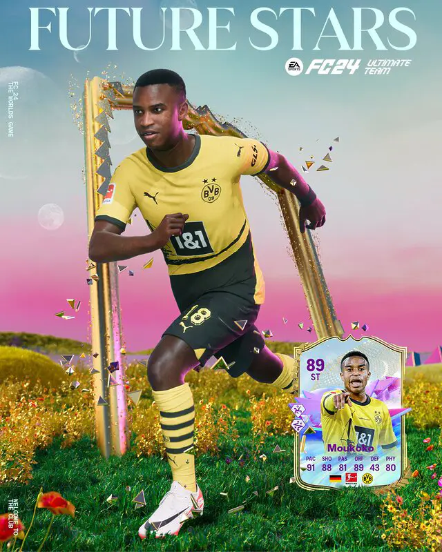 Diseño con el Moukoko con su modelo de EA Sports FC 24 y su carta Future Stars para Ultimate Team