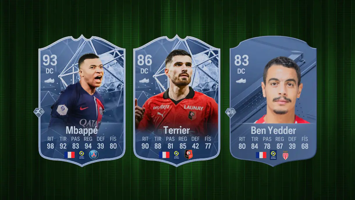 Cartas (en conceptuales) de Mbappé POTM 93, Terrier IF y Ben Yedder oro EA Sports FC 24 Ultimate Team