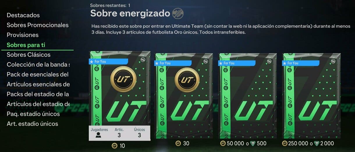 Apartado Sobres para ti mostrando los packs energizados disponibles en estos momentos EA Sports FC 24 Ultimate Team