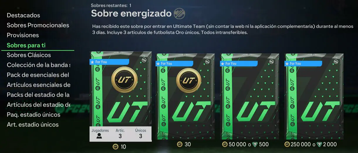 Apartado Sobres para ti mostrando los packs energizados disponibles en estos momentos EA Sports FC 24 Ultimate Team
