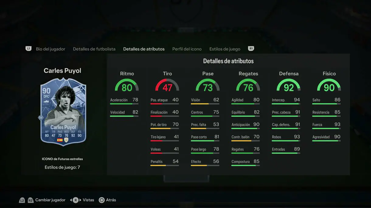 Stats in game Puyol Icono de Futuras estrellas EA Sports FC 24 Ultimate Team