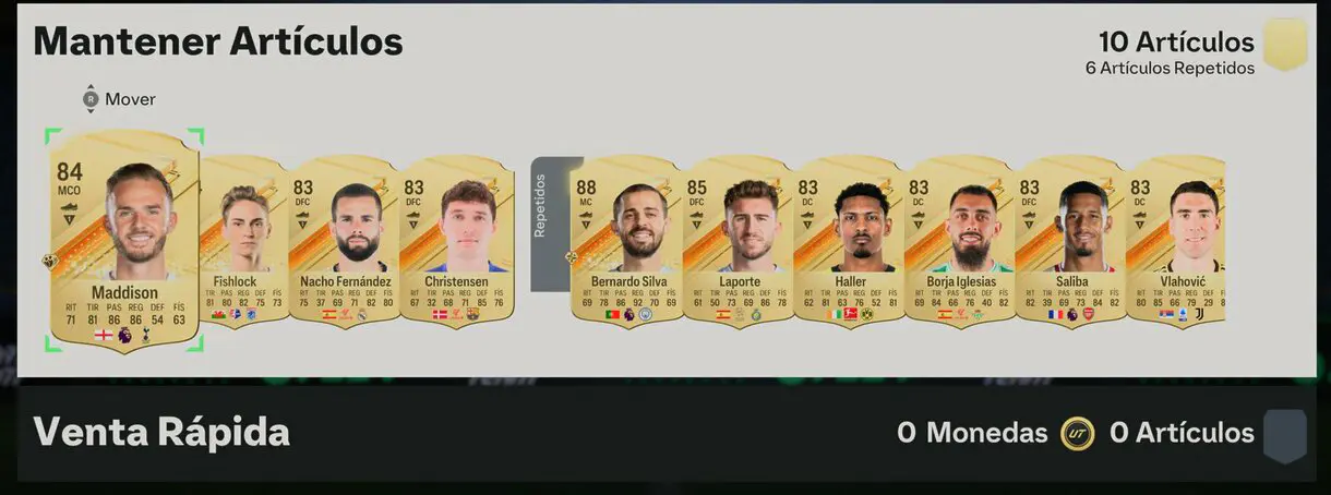 Artículos sin asignar tras abrir sobre de diez +83 con Bernardo Silva oro EA Sports FC 24 Ultimate Team