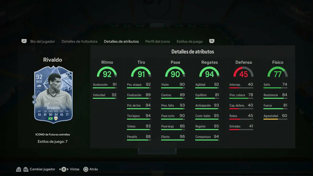 Stats in game Rivaldo Icono de Futuras estrellas EA Sports FC 24 Ultimate Team