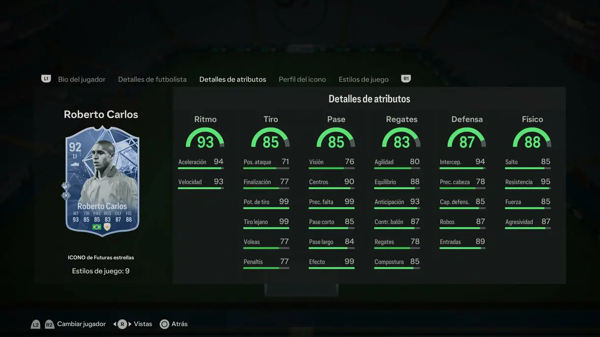 Stats in game Roberto Carlos Icono Futuras Estrellas EA Sports FC 24 Ultimate Team