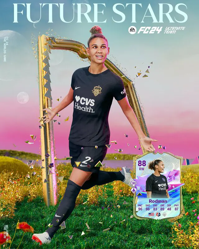 Diseño con la jugadora Trinity Rodman con su modelo de EA Sports FC 24 y su carta Future Stars para Ultimate Team