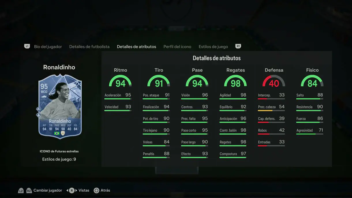 Stats in game Ronaldinho Icono Futuras Estrellas EA Sports FC 24 Ultimate Team