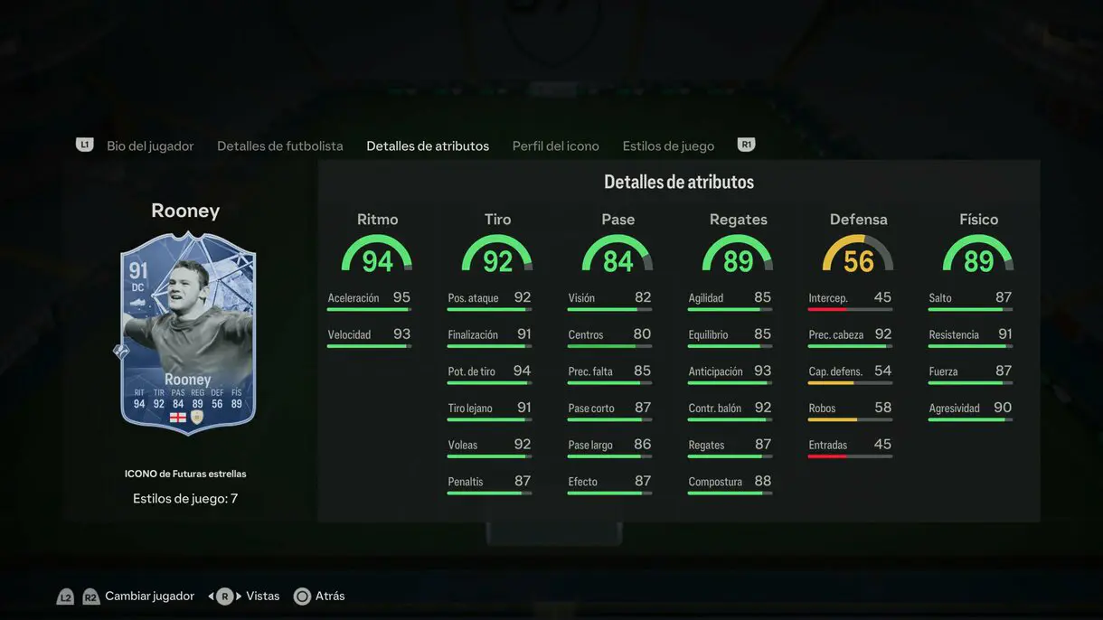 Stats in game Rooney Icono Futuras Estrellas EA Sports FC 24 Ultimate Team