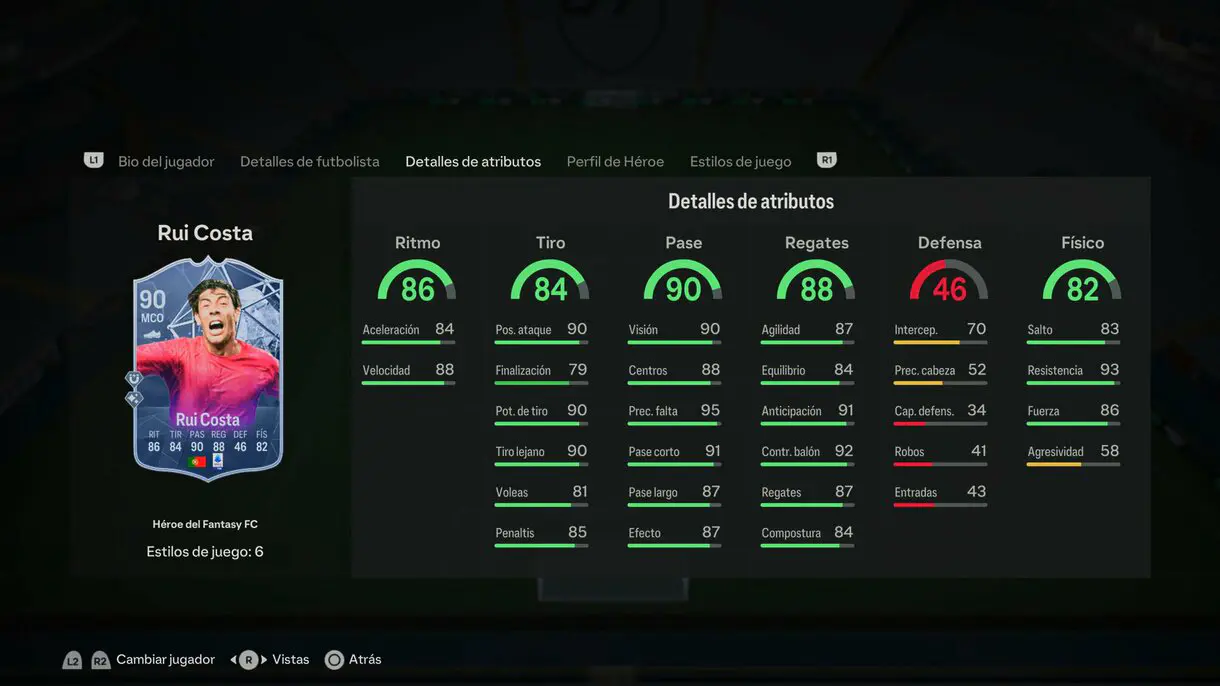 Stats in game Rui Costa Héroe del Fantasy FC EA Sports FC 24 Ultimate Team