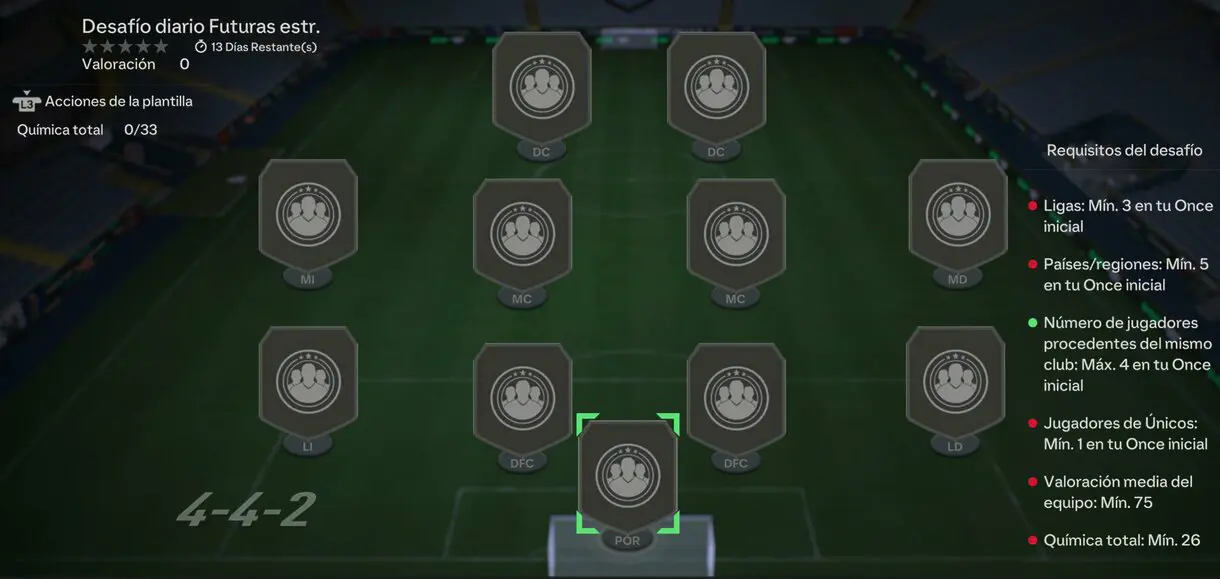 Interior del SBC Desafío diario Futuras estr., mostrando su información y los requisitos EA Sports FC 24 Ultimate Team