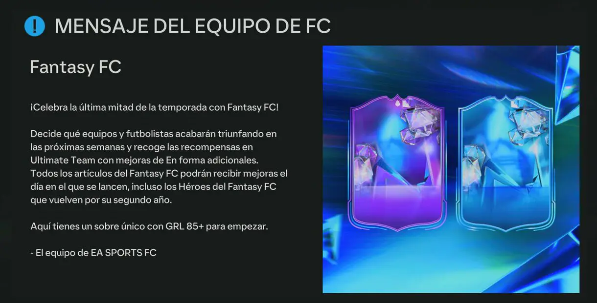 Mensaje del equipo de FC informando sobre el regato de un sobre de jugador +85 EA Sports FC 24 Ultimate Team