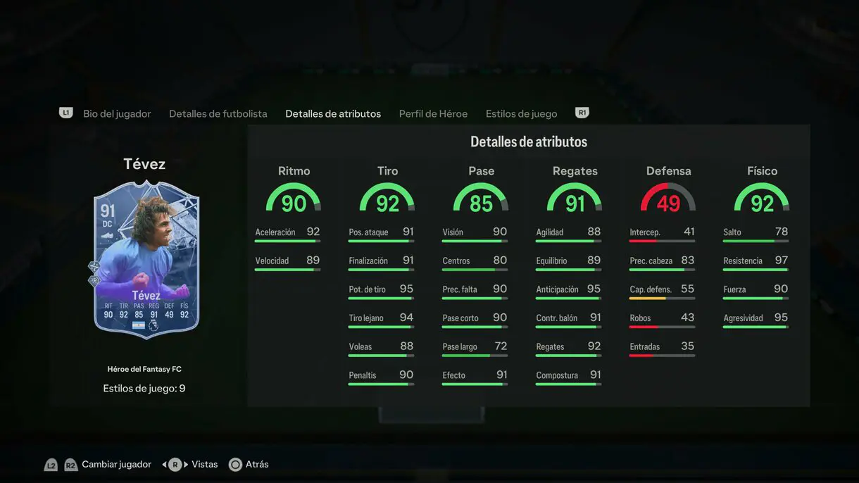 Stats in game Tévez Héroe del Fantasy FC EA Sports FC 24 Ultimate Team