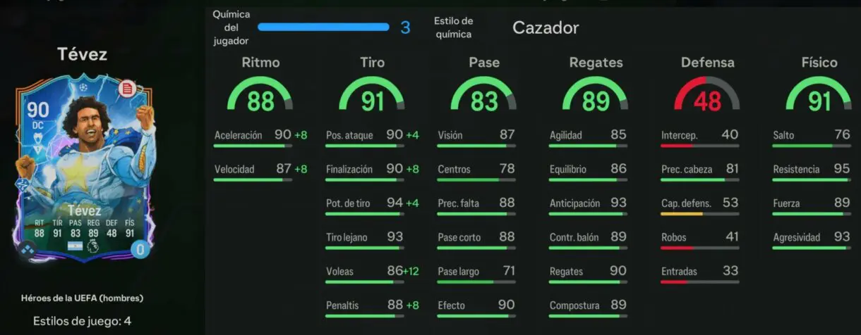 Stats in game Tévez Héroes de la UEFA EA Sports FC 24 Ultimate Team
