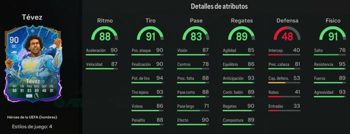 Stats in game Tévez Héroes de la UEFA EA Sports FC 24 Ultimate Team