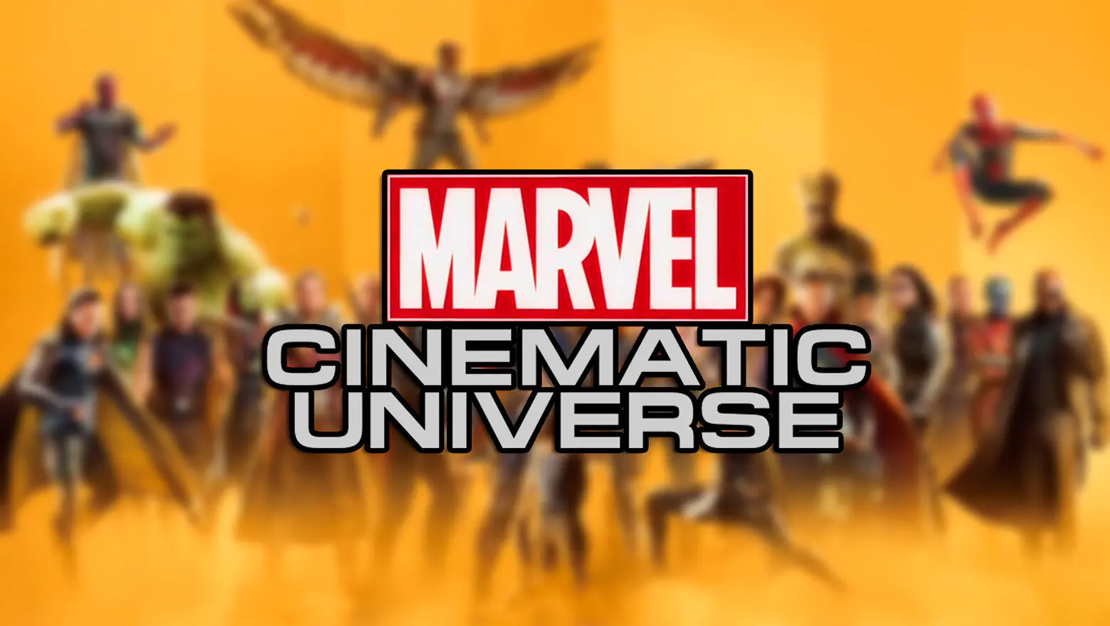 Imagen mostrando el logo del UCM de Marvel sobre un fondo repleto de sus personajes